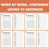 Parent and child practicing sight words with a search workbook