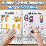 Children practicing alphabet handwriting and coloring