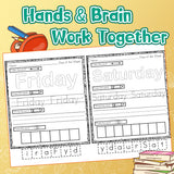 Screen-free writing practice book for calendar vocabulary and sequence learning