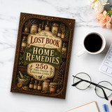 Workspace photo of home remedies and natural care reference book