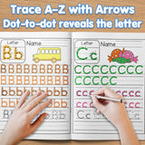 Children practicing dot-to-write alphabet letters