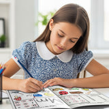 Printed preschool workbook with letter tracing and beginning sounds