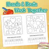 Screen-free math practice book with counting and shape activities