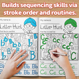 Children practicing alphabet recognition with letter hunt pages