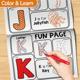Children practicing A-Z letters with coloring worksheets