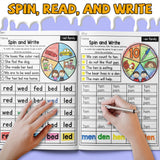 Children's spelling workbook with simple sentence completion