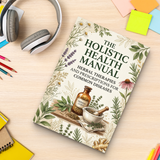 Study desk flat-lay with The Holistic Health Manual paperback