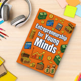 Study desk flat-lay with kids entrepreneurship book