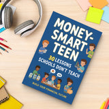 Study desk flat-lay with financial literacy book for teens