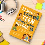 Study desk flat-lay with teen life skills book