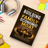Study desk flat-lay with family economic moat finance guide