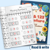 Children's ABC and 123 workbook with missing number pages
