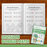 Printed division worksheets with playful bubble theme