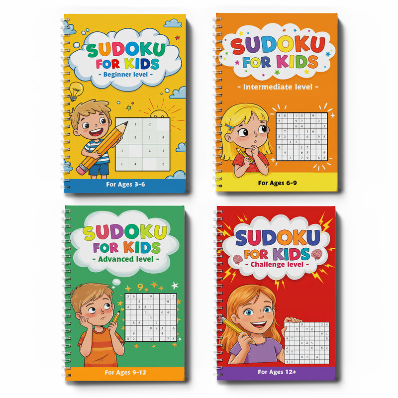 Sudoku for Kids Workbook , 4-Level Logic Puzzle Collection for Ages 3–12+, Beginner to Challenge Sudoku Practice, Number Reasoning, Focus Training, Problem-Solving, and Brain-Building Fun