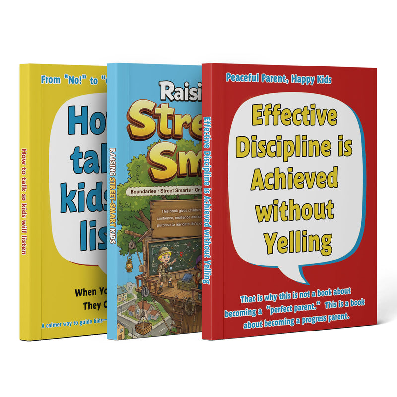 How to Talk So Kids Will Listen Parenting + Effective Discipline Without Yelling Paren + Raising Street-smart Kids Comic Edition: 3-Book Set main cover and printed book set view, image 1, bundle ISBN 9798900665146