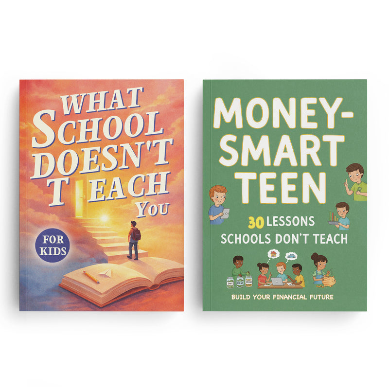 Money-smart Teen Financial Lessons Book + What School Doesn't Teach You for Kids Rea: 2-Book Set main cover and printed book set view, image 1, bundle ISBN 9798900666365
