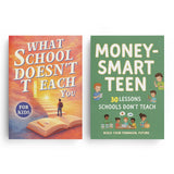 Money-smart Teen Financial Lessons Book + What School Doesn't Teach You for Kids Rea: 2-Book Set main cover and printed book set view, image 1, bundle ISBN 9798900666365