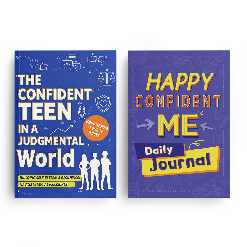 Happy Confident Me Daily Journal for Kids + the Confident Teen in a Judgmental World: 2-Book Set main cover and printed book set view, image 1, bundle ISBN 9798900666457