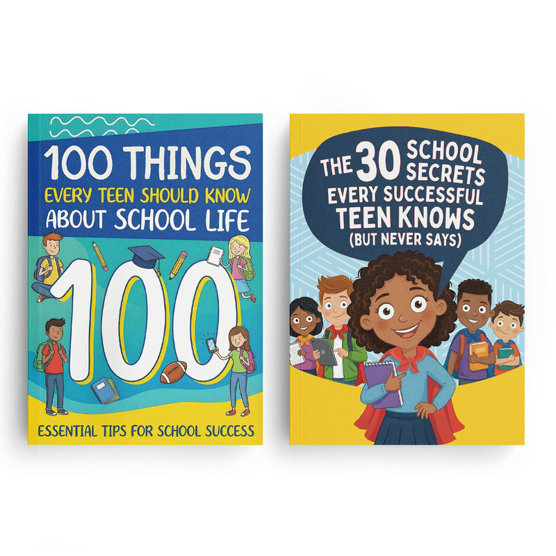The 30 School Secrets Every Successful Tee + 100 Things Every Teen Should Know About Sc: 2-Book Set main cover and printed book set view, image 1, bundle ISBN 9798900666310