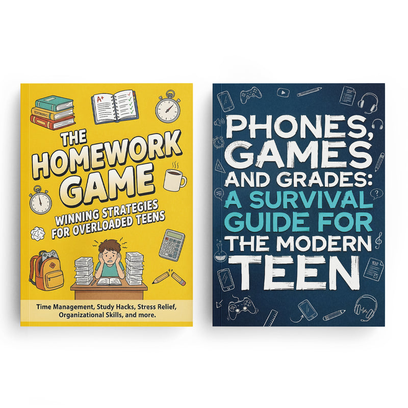 Phones Games and Grades Survival Guide for + the Homework Game Study Skills Book for Te: 2-Book Set main cover and printed book set view, image 1, bundle ISBN 9798900666358