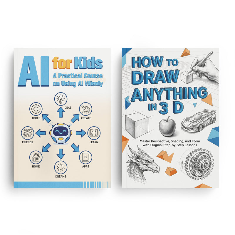 How to Draw Anything in 3d for Kids and Te + AI for Kids Practical Guide: 2-Book Set main cover and printed book set view, image 1, bundle ISBN 9798900667157