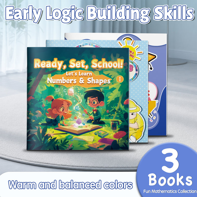 Little Thinkers: the Three Shape Neighbors + Ready, Set, School: Numbers and Shapes + Fun!mathematics 8-book Math Activity Set F: 3-Book Set main cover and printed book set view, image 1, bundle ISBN 9798904661625