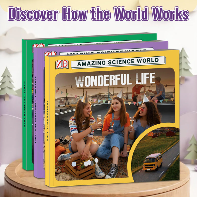 Wonderful Life Science Book for Kids + Cool Technology Science Book for Kids + Journey Through History Book for Kids: 3-Book Set main cover and printed book set view, image 1, bundle ISBN 9798900667850
