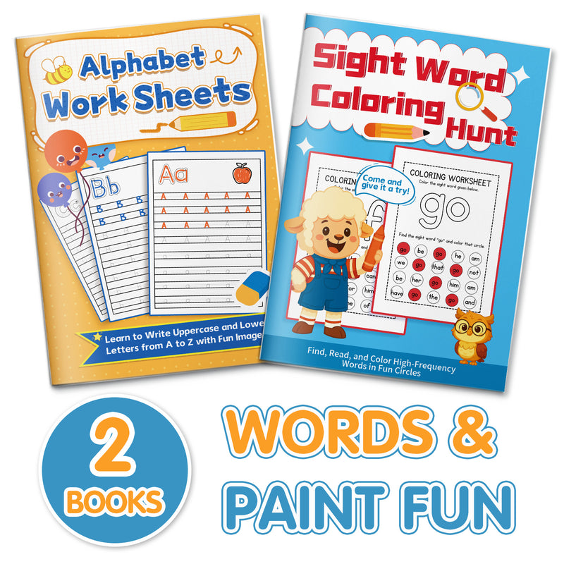Sight Word Coloring Hunt Workbook + Alphabet Worksheets: Uppercase and Lowerca: 2-Book Set main cover and printed book set view, image 1, bundle ISBN 9798900669762