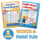 Sight Word Coloring Hunt Workbook + Alphabet Worksheets: Uppercase and Lowerca: 2-Book Set main cover and printed book set view, image 1, bundle ISBN 9798900669762