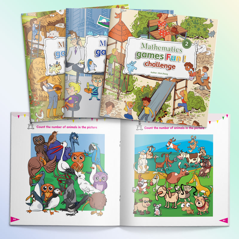 Kids Mathematics Games Book + Mathematics Fun Challenge Book + Mathematics Adventure Games for Kids: 3-Book Set main cover and printed book set view, image 1, bundle ISBN 9798904660536
