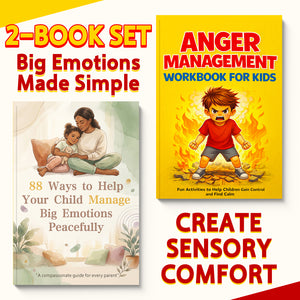 Anger Management Workbook for Kids + 88 Ways to Help Your Child Manage Big Emot: 2-Book Set main cover and printed book set view, image 1, bundle ISBN 9798900669403