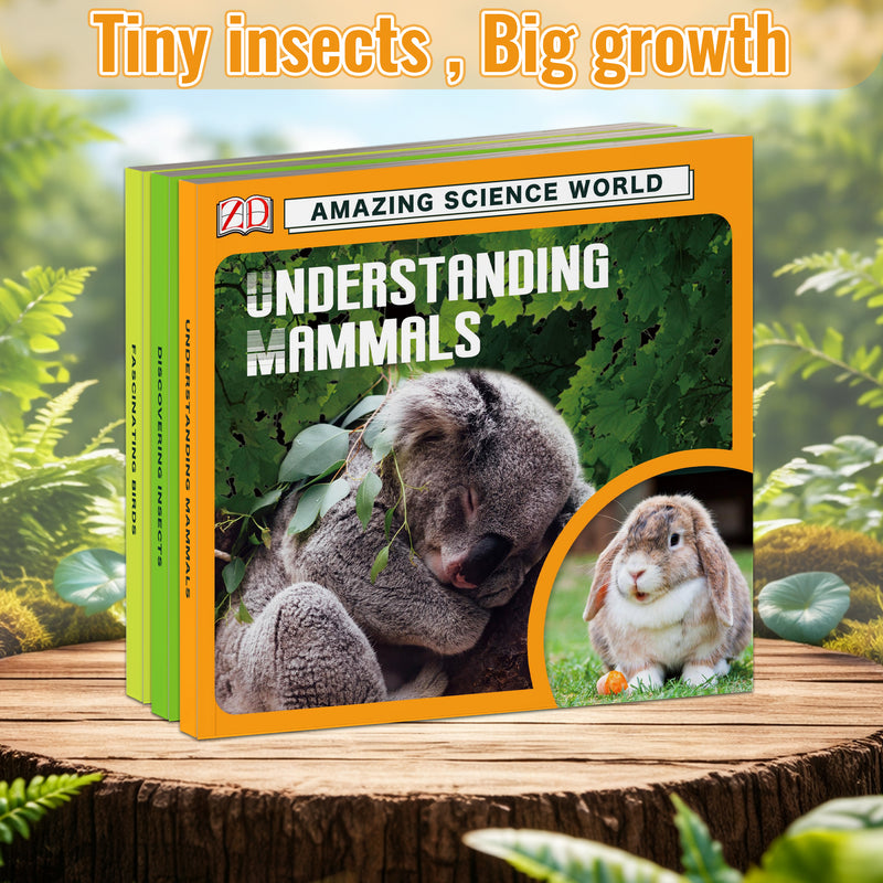 Discovering Insects Science Book for Kids + Understanding Mammals Science Book for Kid + Fascinating Birds Science Book for Kids: 3-Book Set main cover and printed book set view, image 1, bundle ISBN 9798900667867