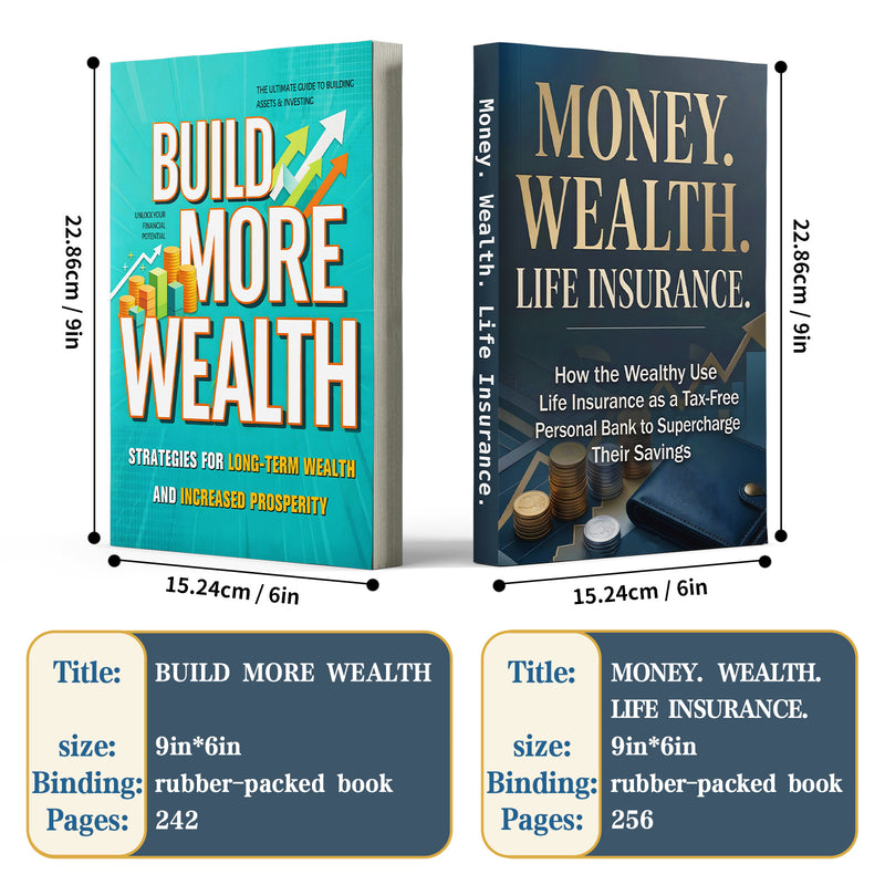 Money Wealth Life Insurance Finance Guide + Build More Wealth Personal Finance Guide: 2-Book Set main cover and printed book set view, image 1, bundle ISBN 9798904661472