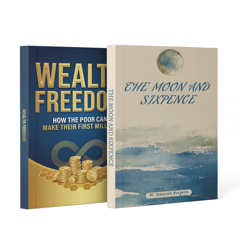 The Moon and Sixpence Classic 3-Book Set + Wealth Freedom Personal Finance Guide: 2-Book Set main cover and printed book set view, image 1, bundle ISBN 9798904661236