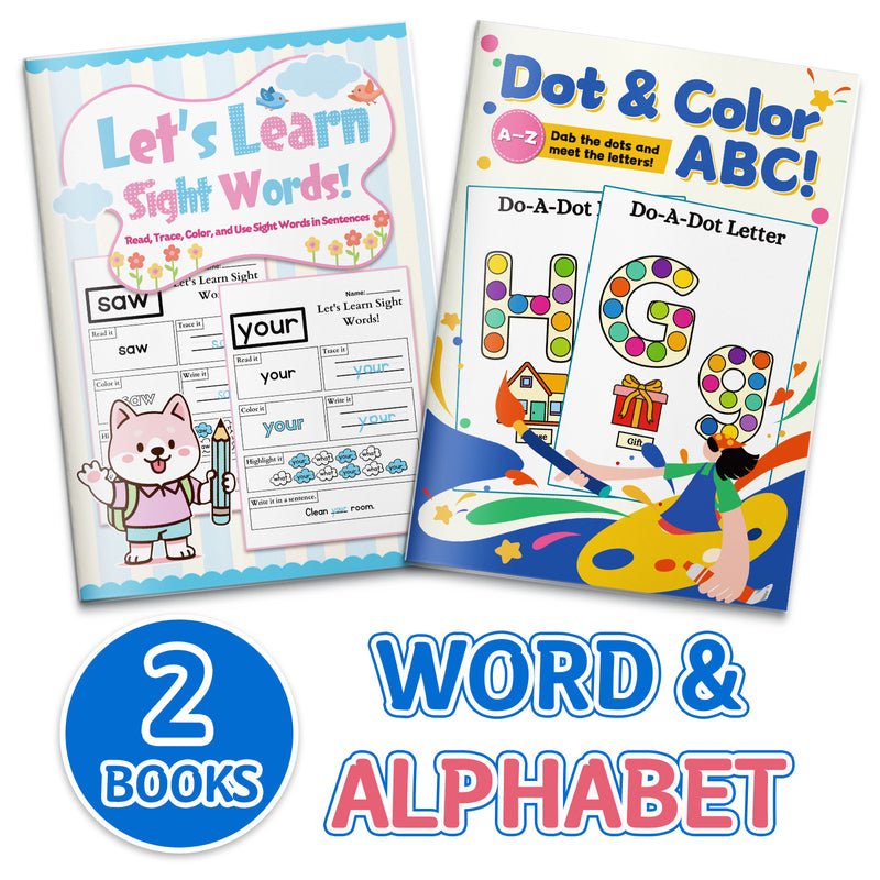 Let's Learn Sight Words Workbook + Dot and Color ABC Do-a-dot Workbook: 2-Book Set main cover and printed book set view, image 1, bundle ISBN 9798900669700