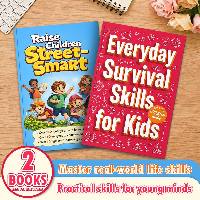 Raise Children Street-smart + Everyday Survival Skills for Kids: 2-Book Set main cover and printed book set view, image 1, bundle ISBN 9798900668222