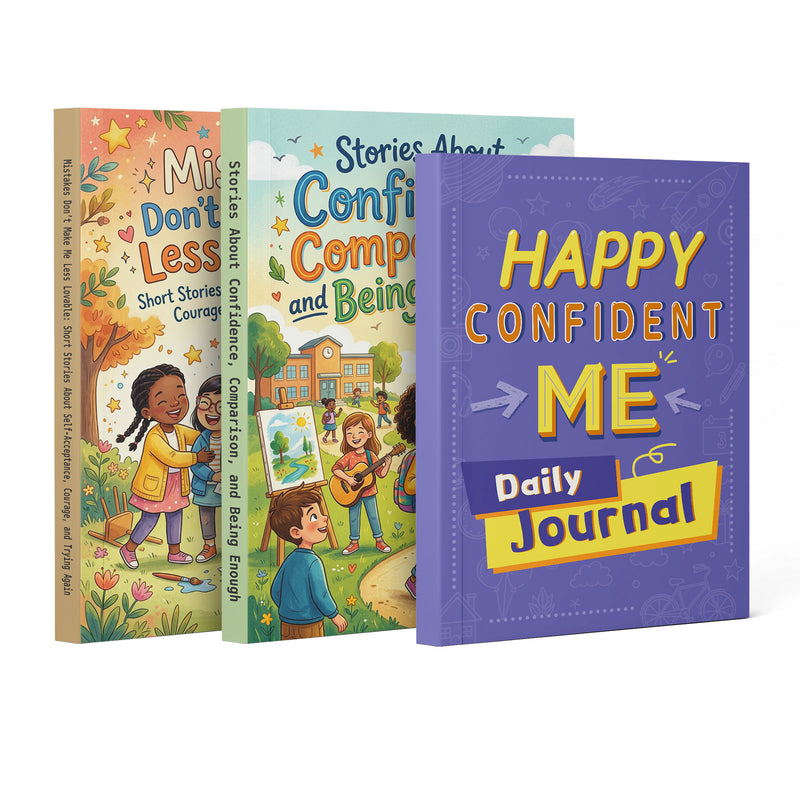 Happy Confident Me Daily Journal for Kids + Mistakes Don't Make Me Less Lovable + Stories About Confidence Comparison and Be: 3-Book Set main cover and printed book set view, image 1, bundle ISBN 9798900669380