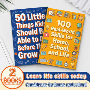 50 Little Things Kids Should Do Before the + 100 Real-world Skills for Home School And: 2-Book Set main cover and printed book set view, image 1, bundle ISBN 9798900668161