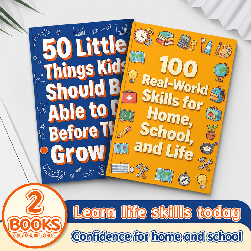 50 Little Things Kids Should Do Before the + 100 Real-world Skills for Home School And: 2-Book Set main cover and printed book set view, image 1, bundle ISBN 9798900668161