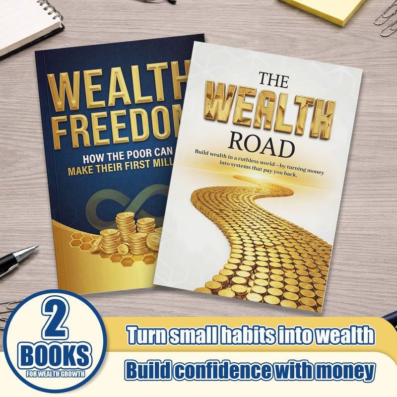 Wealth Freedom Personal Finance Guide + the Wealth Road Personal Finance Guide: 2-Book Set main cover and printed book set view, image 1, bundle ISBN 9798900667812