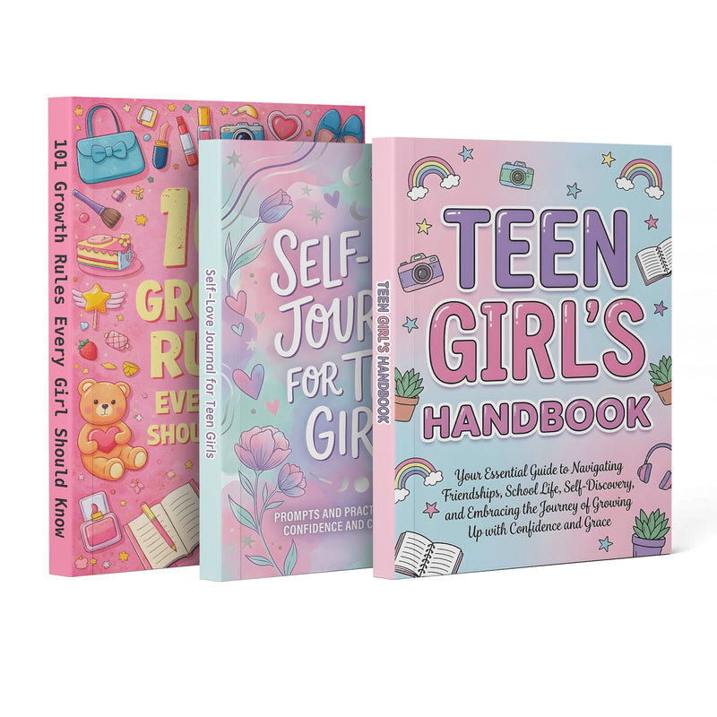 Teen Girl's Handbook + Self-love Journal for Teen Girls + 101 Growth Rules Every Girl Should Know: 3-Book Set main cover and printed book set view, image 1, bundle ISBN 9798900669373