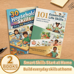 101 Essential Skills Every Modern Kid Need + 30 Household Skills Every Kid Should Know: 2-Book Set main cover and printed book set view, image 1, bundle ISBN 9798900667829