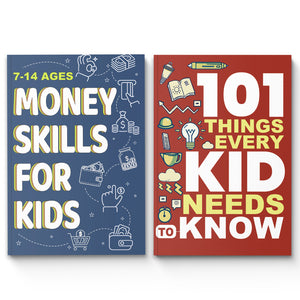 101 Things Every Kid Needs to Know Life Sk + Money Skills for Kids Ages 7-14: 2-Book Set main cover and printed book set view, image 1, bundle ISBN 9798900662886