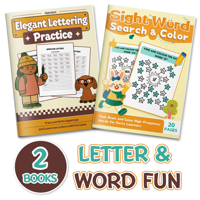 Sight Word Search and Color Workbook + Elegant Lettering Practice: Uppercase Alph: 2-Book Set main cover and printed book set view, image 1, bundle ISBN 9798900669779