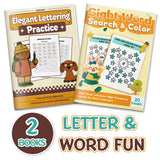 Sight Word Search and Color Workbook + Elegant Lettering Practice: Uppercase Alph: 2-Book Set main cover and printed book set view, image 1, bundle ISBN 9798900669779