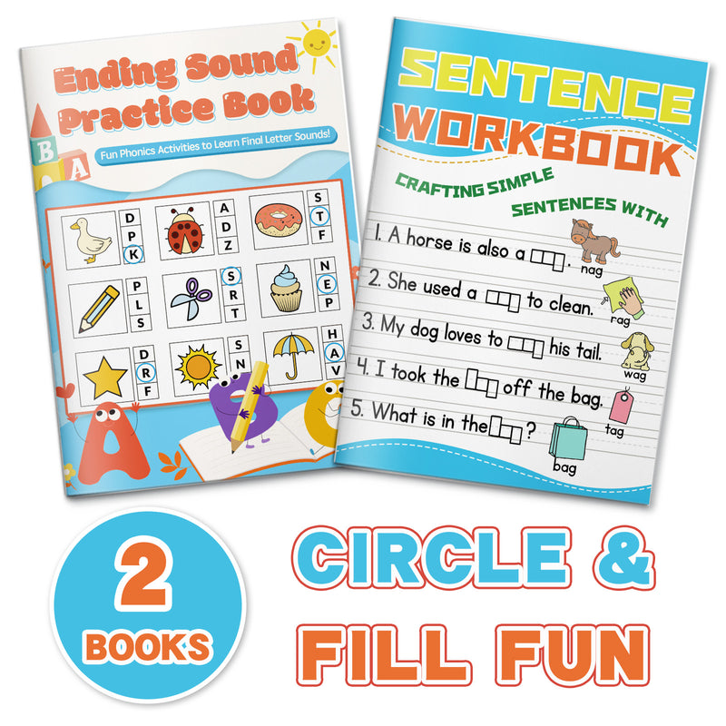 Color the Ending Sound Workbook + Sentence Workbook for Early Writing Practi: 2-Book Set main cover and printed book set view, image 1, bundle ISBN 9798900669809