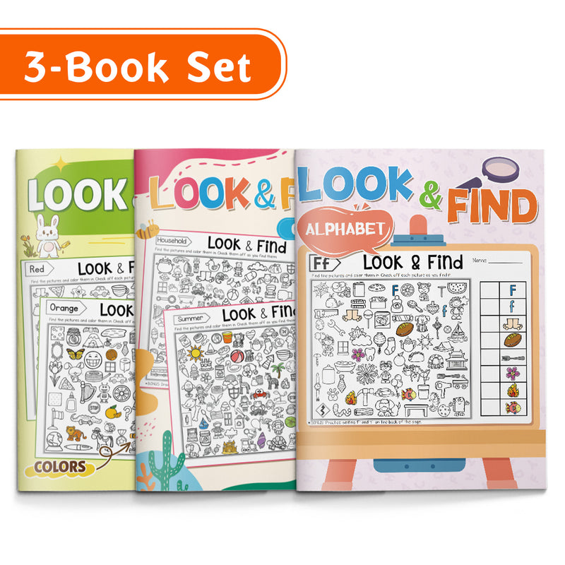 Look and Find: Colors and Shapes + Look and Find: Objects and Everyday Themes + Look and Find: Alphabet Letter Search: 3-Book Set main cover and printed book set view, image 1, bundle ISBN 9798904660246