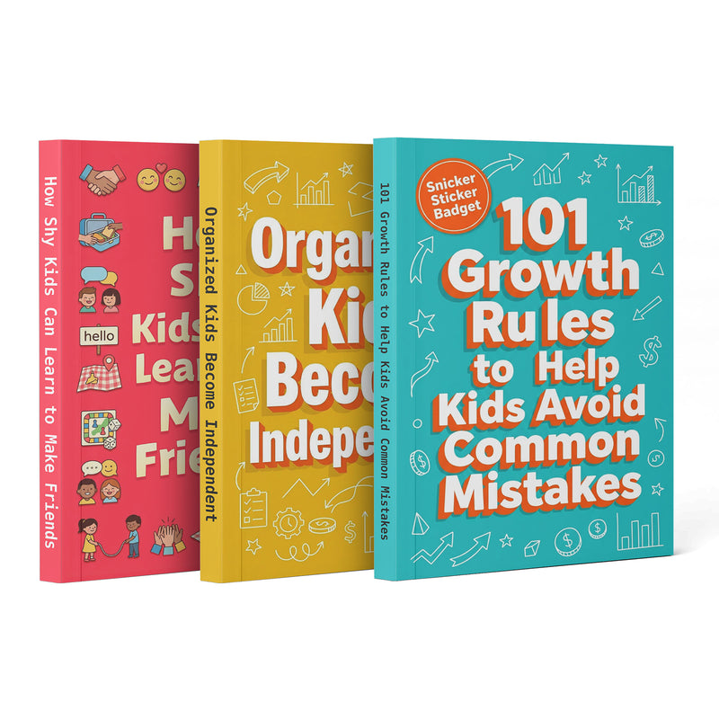How Shy Kids Can Learn to Make Friends + Organized Kids Become Independent + 101 Growth Rules for Kids: 3-Book Set main cover and printed book set view, image 1, bundle ISBN 9798900666556