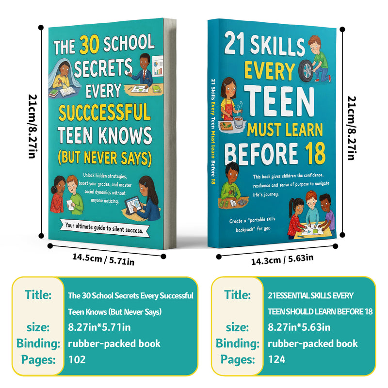 Teen Study Skills Guide 30 School Secrets + 21 Skills Every Teen Must Learn Before 18: 2-Book Set main cover and printed book set view, image 1, bundle ISBN 9798904661434