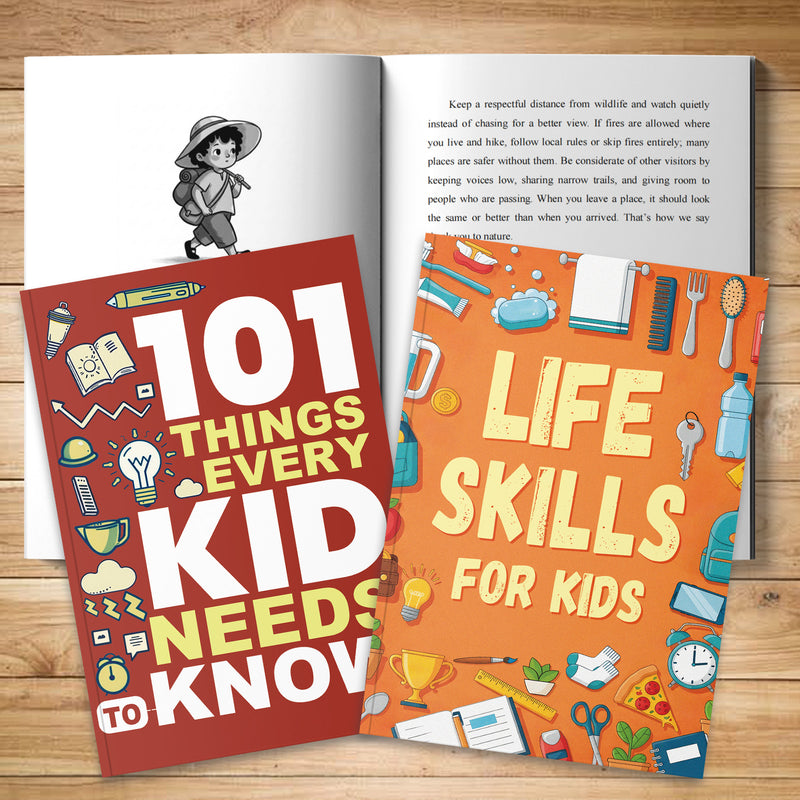 Life Skills for Kids Practical Learning Bo + 101 Things Every Kid Needs to Know Life Sk: 2-Book Set main cover and printed book set view, image 1, bundle ISBN 9798900663395